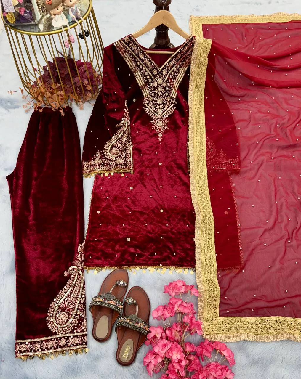 Red Heavy Pure Viscose Velvet Top with Plazzo & Dupatta Set - Embroidery, Sequence Work, and Rivet Moti Accents