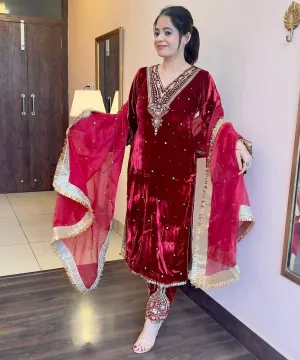 Red Heavy Pure Viscose Velvet Top with Plazzo & Dupatta Set - Embroidery, Sequence Work, and Rivet Moti Accents