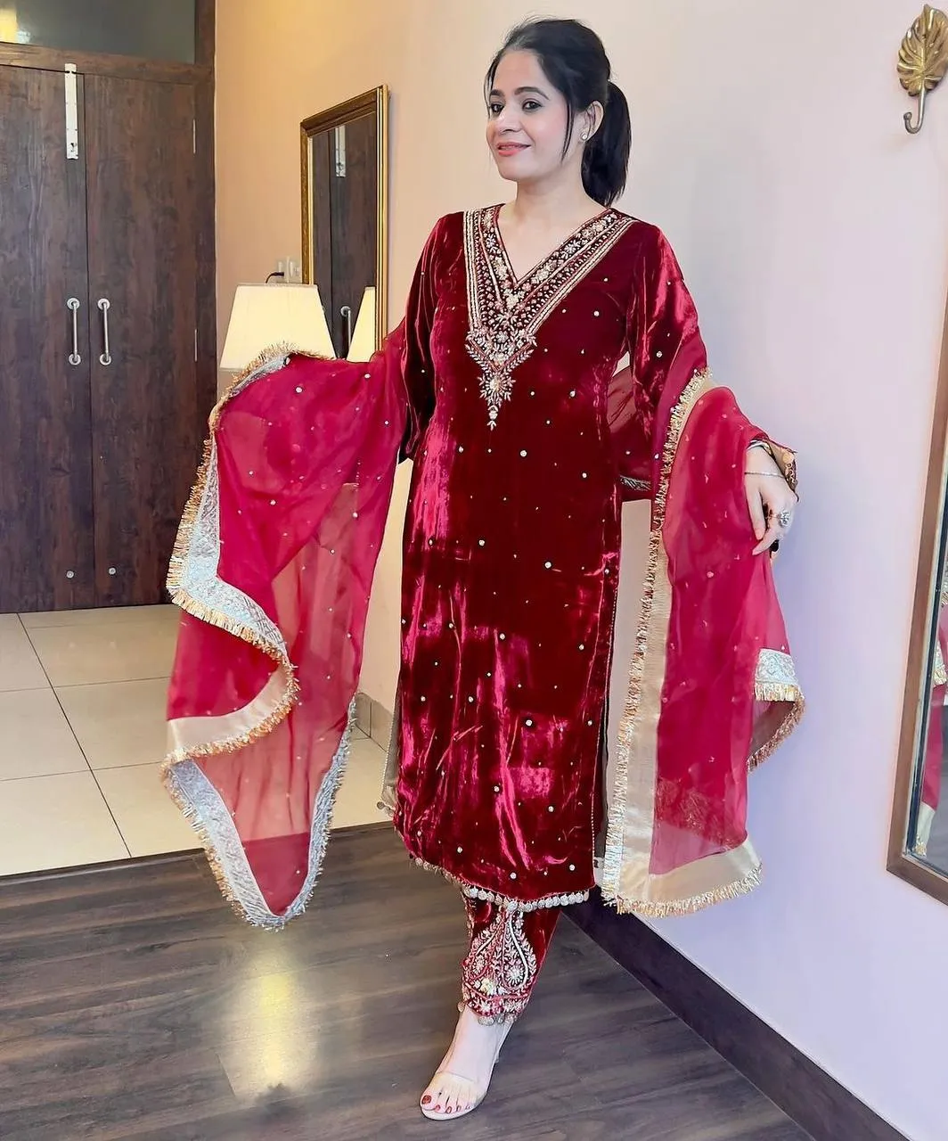 Red Heavy Pure Viscose Velvet Top with Plazzo & Dupatta Set - Embroidery, Sequence Work, and Rivet Moti Accents