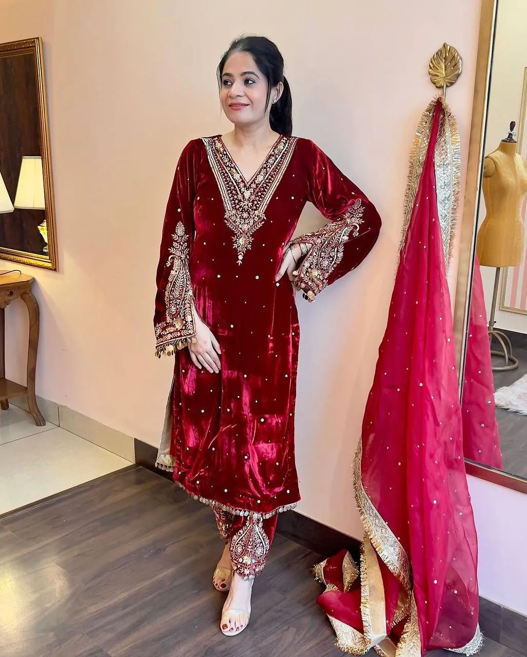 Red Heavy Pure Viscose Velvet Top with Plazzo & Dupatta Set - Embroidery, Sequence Work, and Rivet Moti Accents