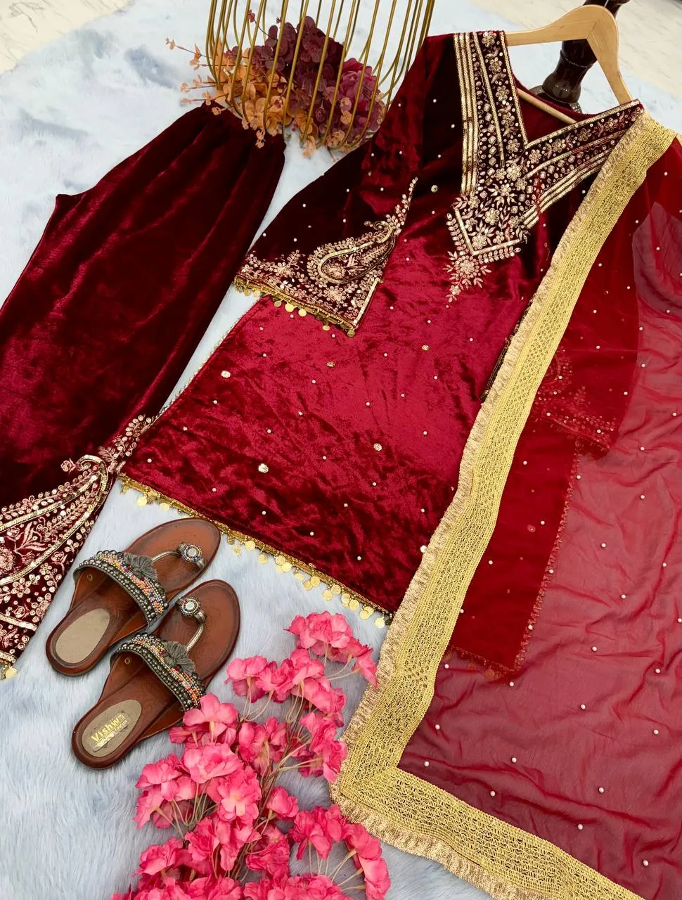 Red Heavy Pure Viscose Velvet Top with Plazzo & Dupatta Set - Embroidery, Sequence Work, and Rivet Moti Accents