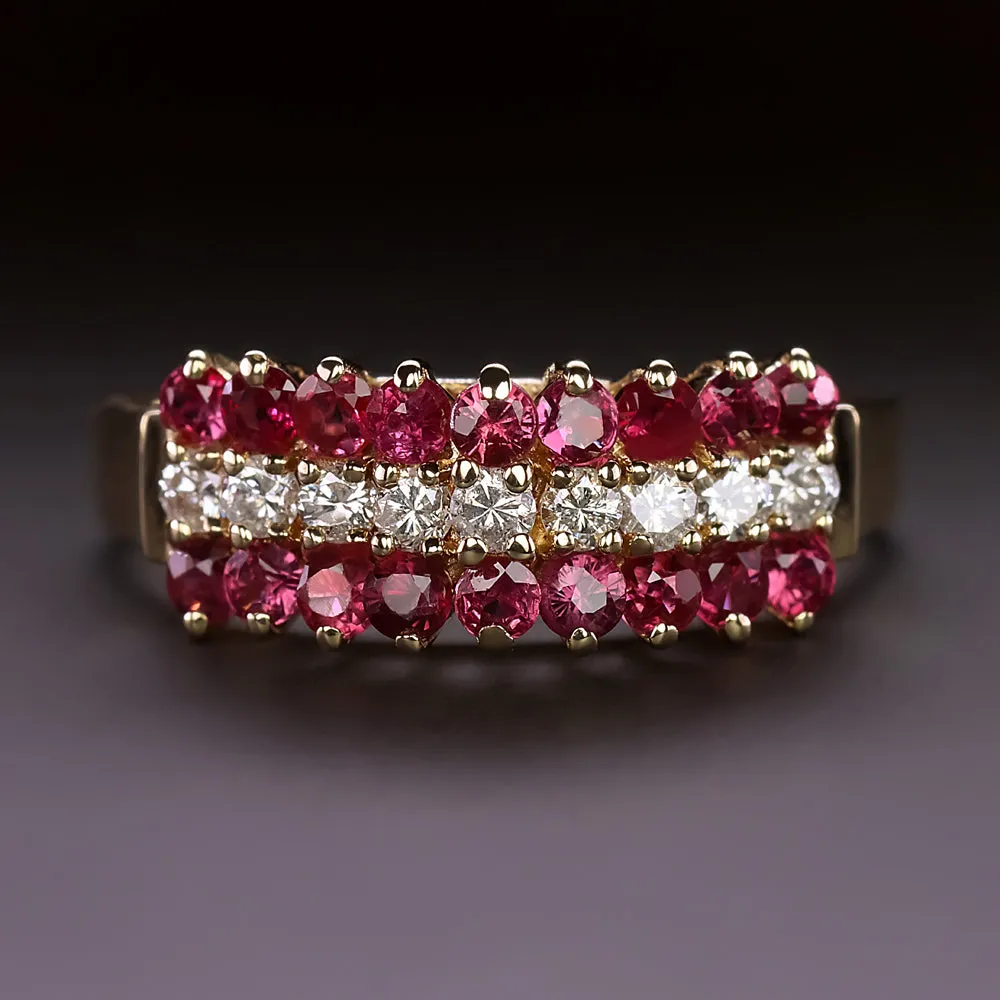 RUBY DIAMOND COCKTAIL BAND 3 ROW RING 14k YELLOW GOLD NATURAL STACKING ESTATE
