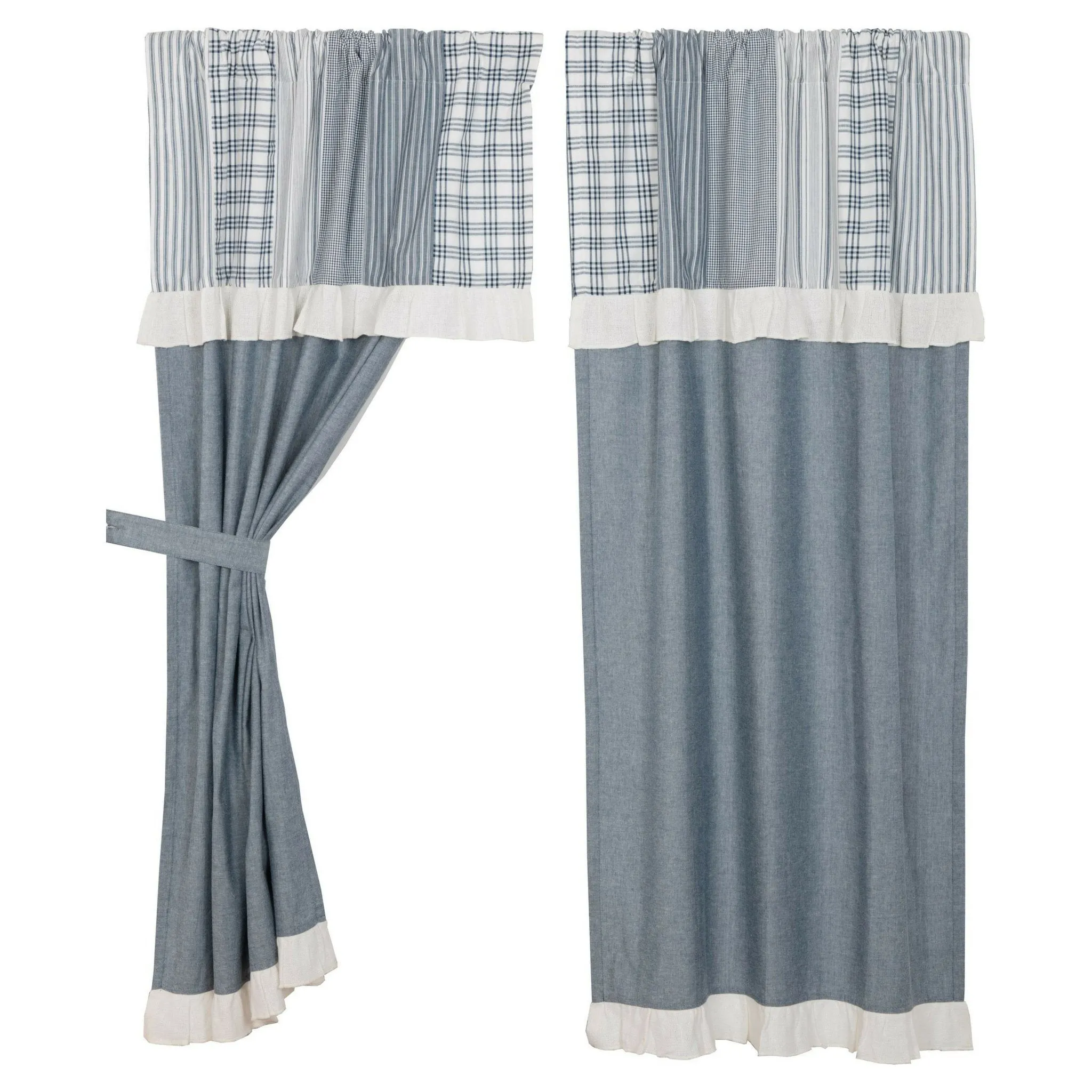 Sawyer Mill Blue Lined Short Panels with Attached Patchwork Valance 63"