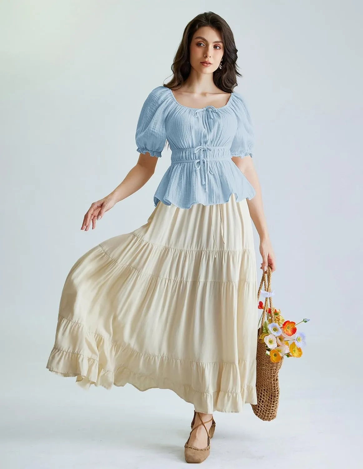 Scarlet Darkness Women Tie Front Tops Renaissance Puff Sleeve Blouse Peasant Peplum Shirts