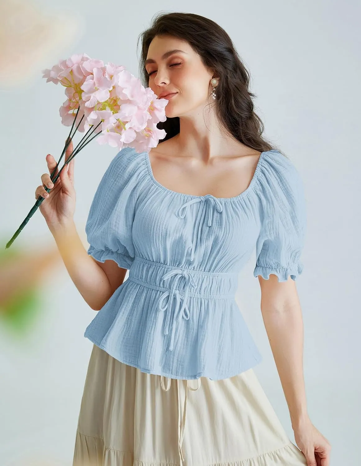 Scarlet Darkness Women Tie Front Tops Renaissance Puff Sleeve Blouse Peasant Peplum Shirts
