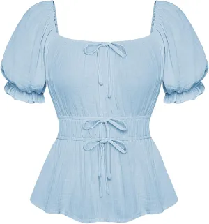 Scarlet Darkness Women Tie Front Tops Renaissance Puff Sleeve Blouse Peasant Peplum Shirts