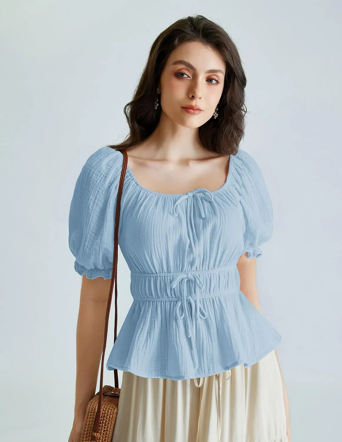 Scarlet Darkness Women Tie Front Tops Renaissance Puff Sleeve Blouse Peasant Peplum Shirts