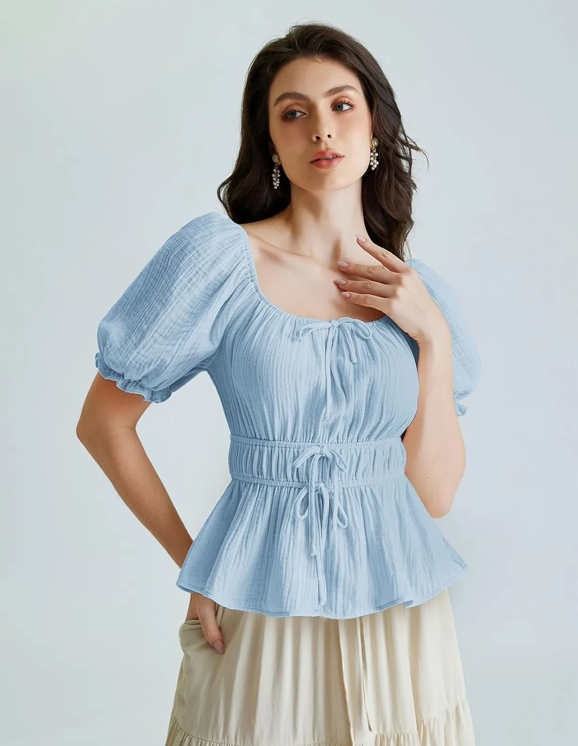 Scarlet Darkness Women Tie Front Tops Renaissance Puff Sleeve Blouse Peasant Peplum Shirts