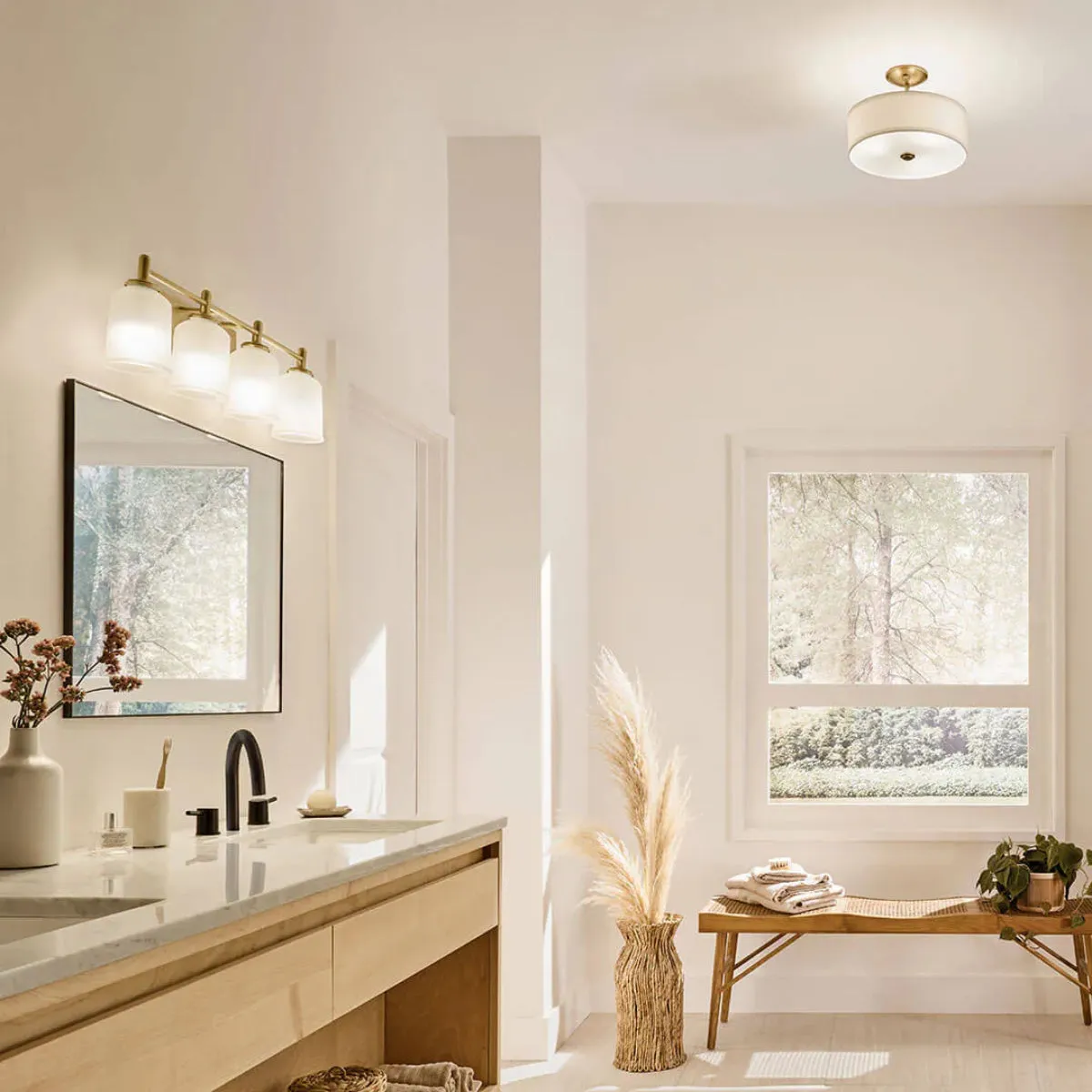 Shailene 30 In 4-Lights Bathroom Vanity Light With Clear Satin Etched Glass, Gold Finish