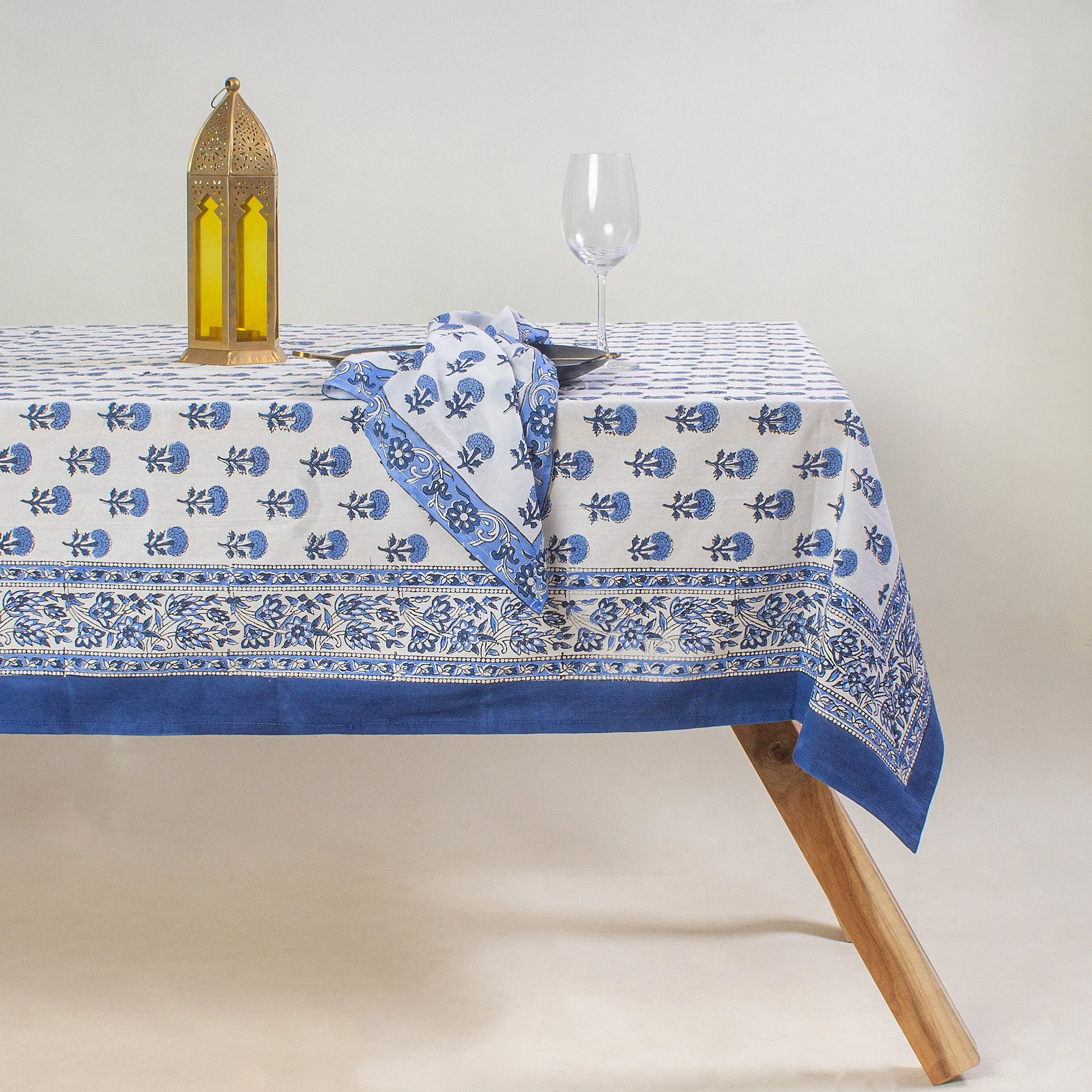 Sky Blue Hand Block Floral Print Table Cover 6 Seater with Napkins