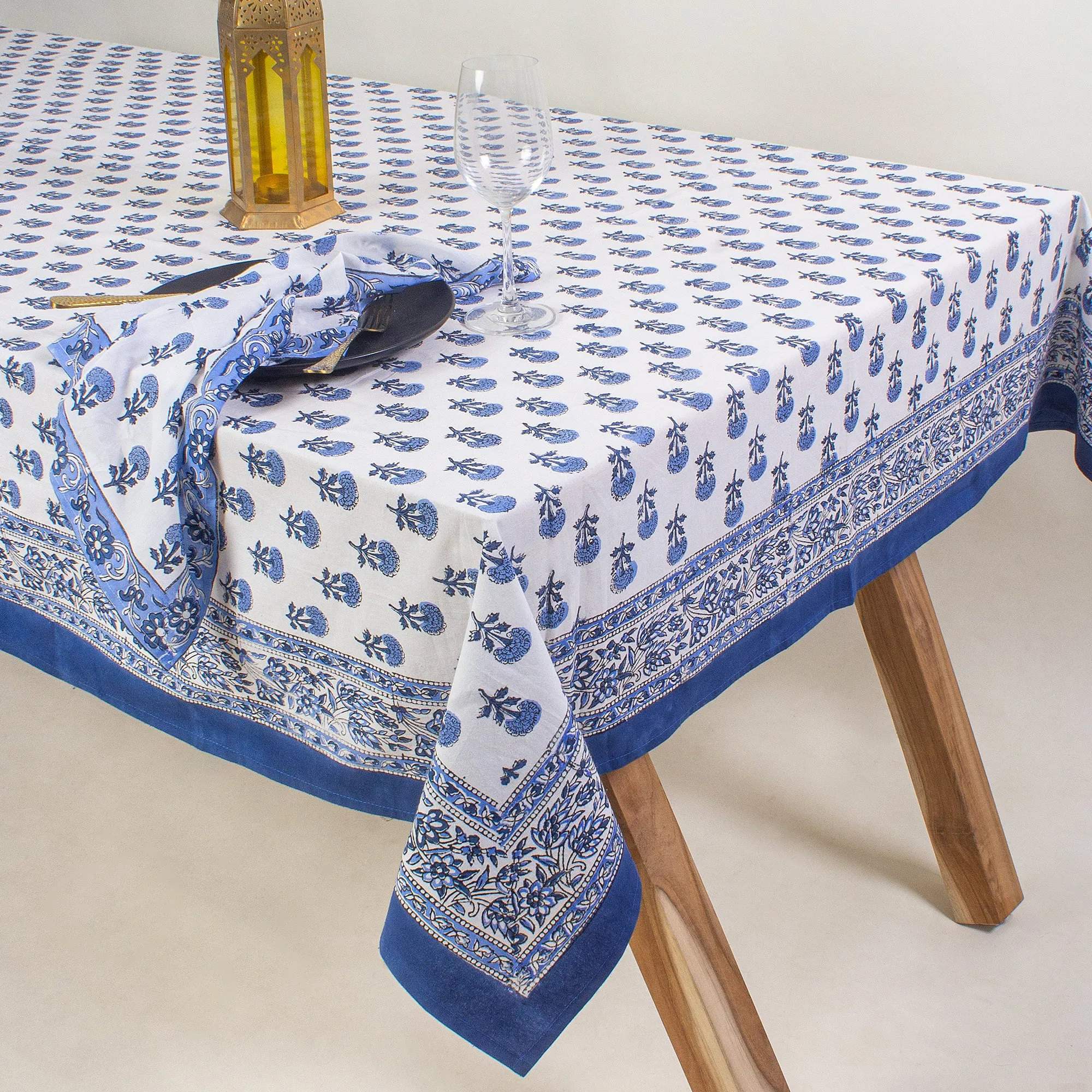 Sky Blue Hand Block Floral Print Table Cover 6 Seater with Napkins