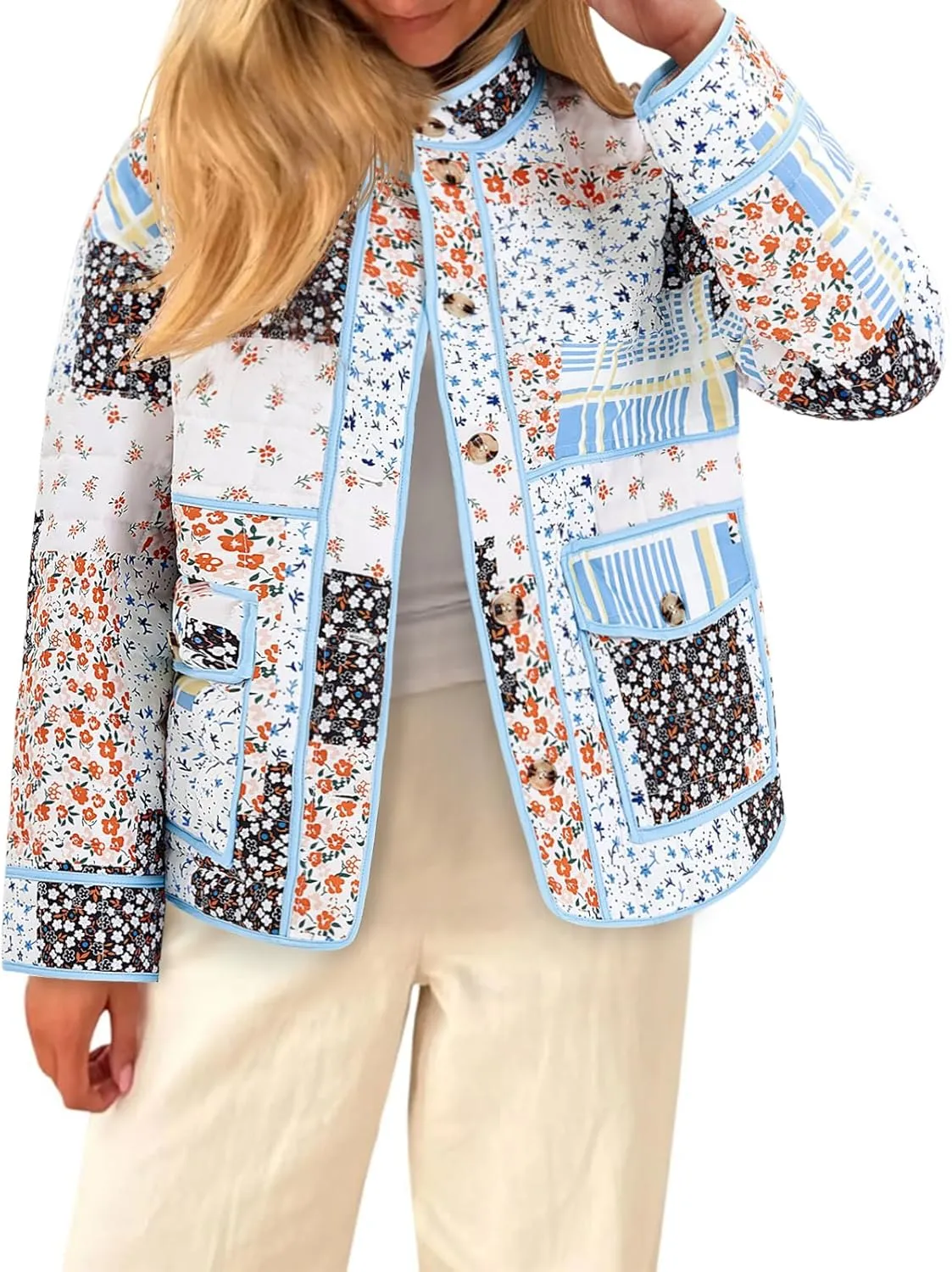 Tankaneo Womens Floral Printed Quilted Jackets Puffy Lightweight Button Down Winter Warm Puffer Coat