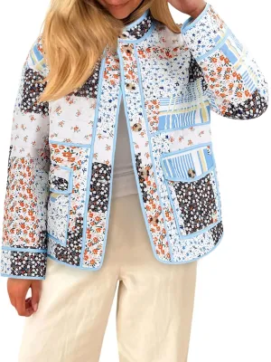 Tankaneo Womens Floral Printed Quilted Jackets Puffy Lightweight Button Down Winter Warm Puffer Coat