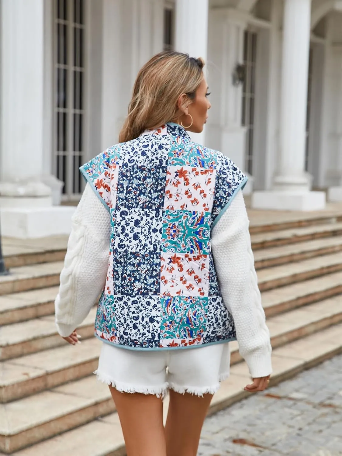 Tankaneo Womens Puffer Quilted Cropped Vest Oversized Floral Patchwork Lightweight Jacket Cap Sleeve Outerwear Vest