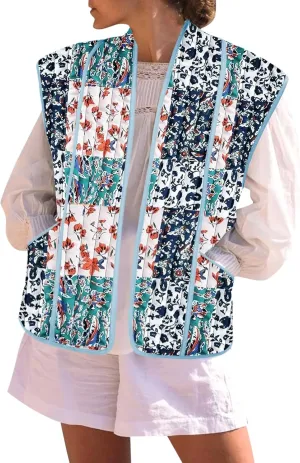 Tankaneo Womens Puffer Quilted Cropped Vest Oversized Floral Patchwork Lightweight Jacket Cap Sleeve Outerwear Vest