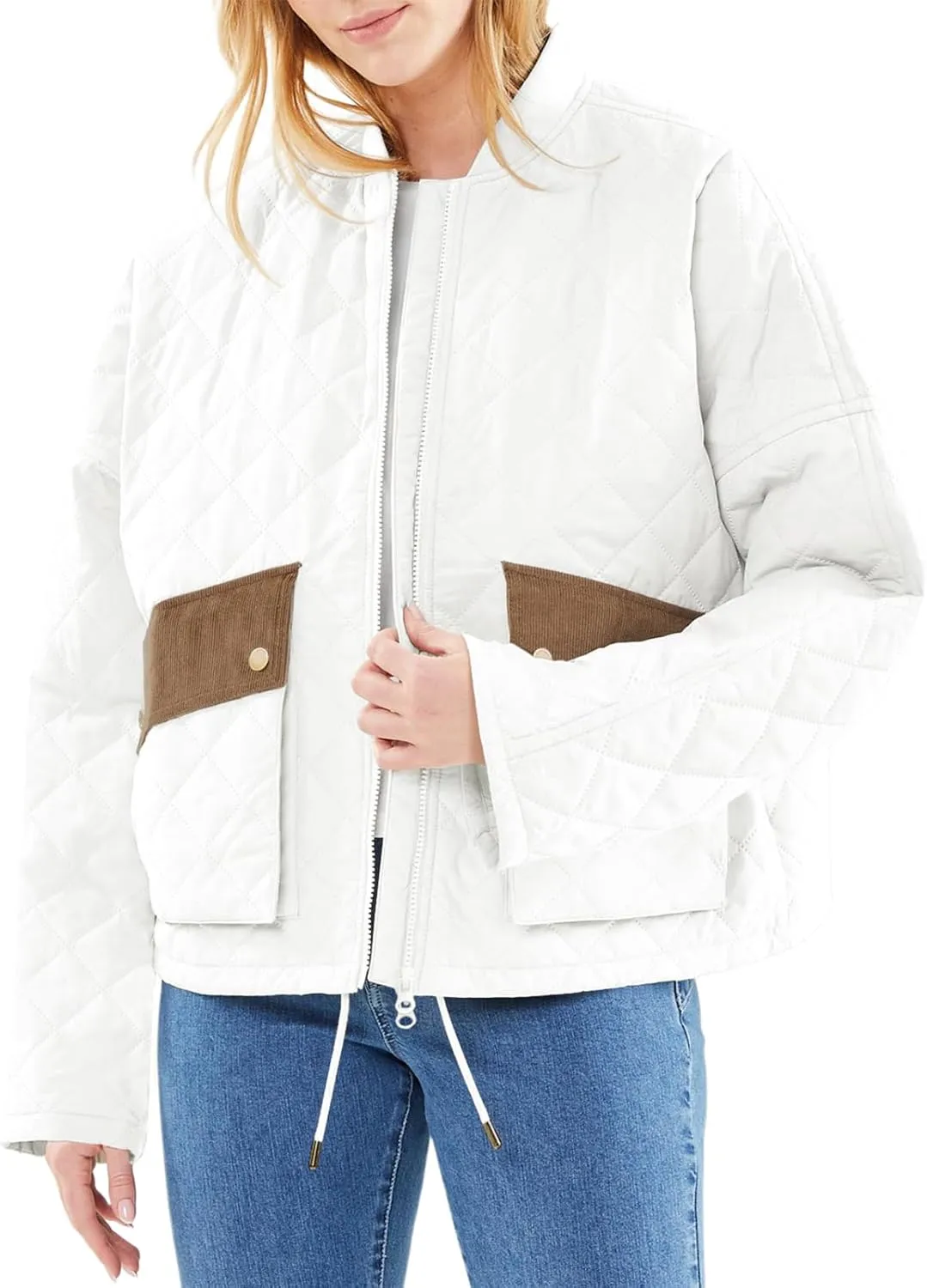 Tankaneo Womens Quilted Puffer Jacket Winter Casual Zip Up Bomber Jackets Short Coat Outerwear with Pockets