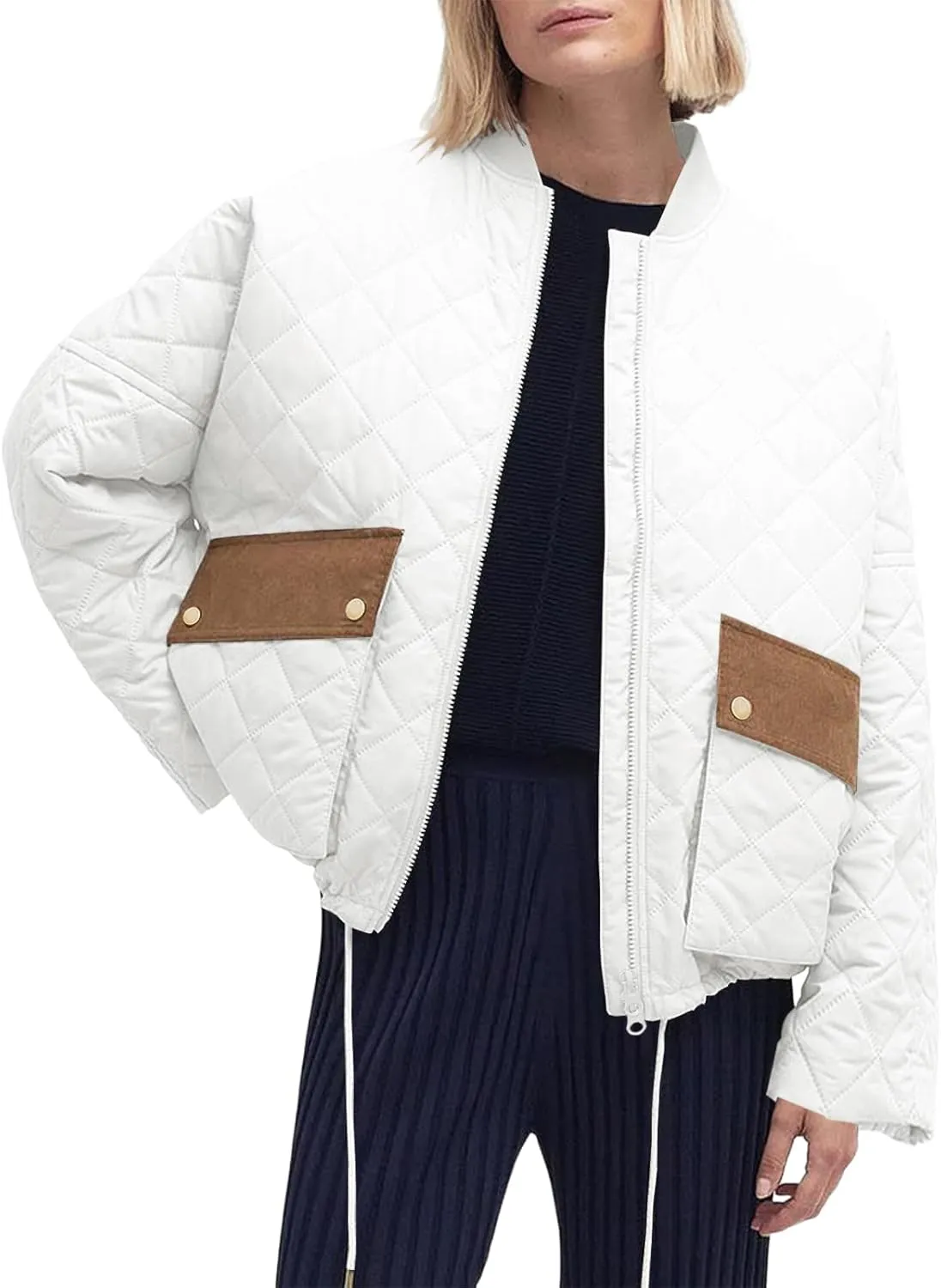 Tankaneo Womens Quilted Puffer Jacket Winter Casual Zip Up Bomber Jackets Short Coat Outerwear with Pockets