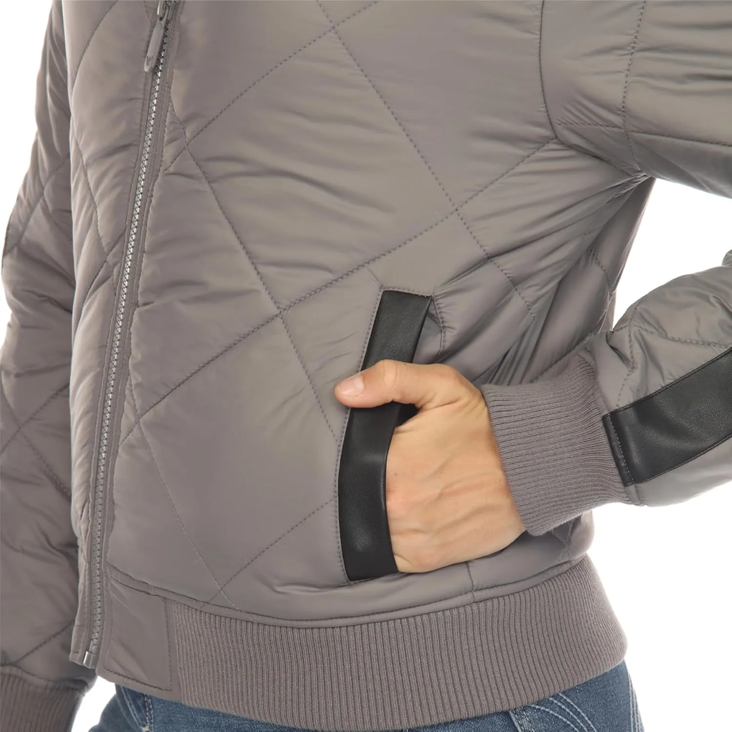 white mark Women's Lightweight PU Sleeve Panel Diamond Quilted Puffer Bomber Jacket with Pockets