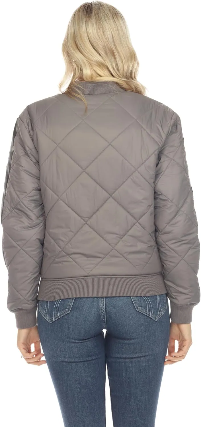 white mark Women's Lightweight PU Sleeve Panel Diamond Quilted Puffer Bomber Jacket with Pockets