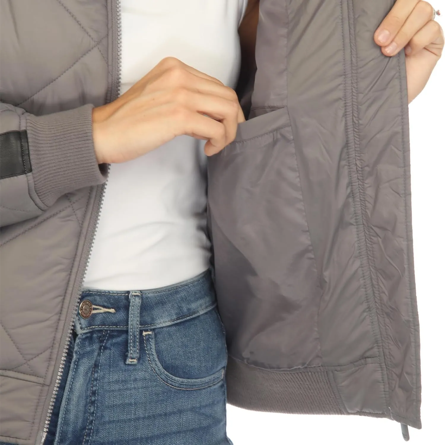 white mark Women's Lightweight PU Sleeve Panel Diamond Quilted Puffer Bomber Jacket with Pockets