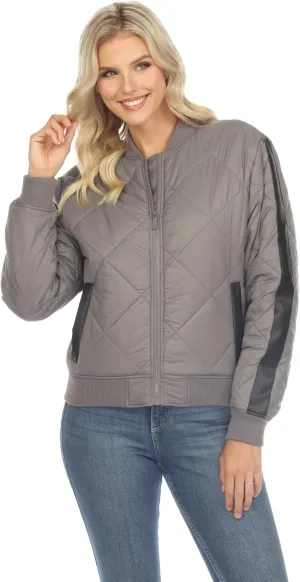 white mark Women's Lightweight PU Sleeve Panel Diamond Quilted Puffer Bomber Jacket with Pockets
