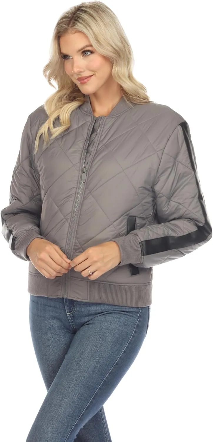 white mark Women's Lightweight PU Sleeve Panel Diamond Quilted Puffer Bomber Jacket with Pockets