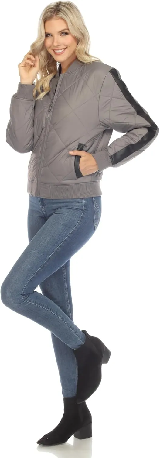 white mark Women's Lightweight PU Sleeve Panel Diamond Quilted Puffer Bomber Jacket with Pockets