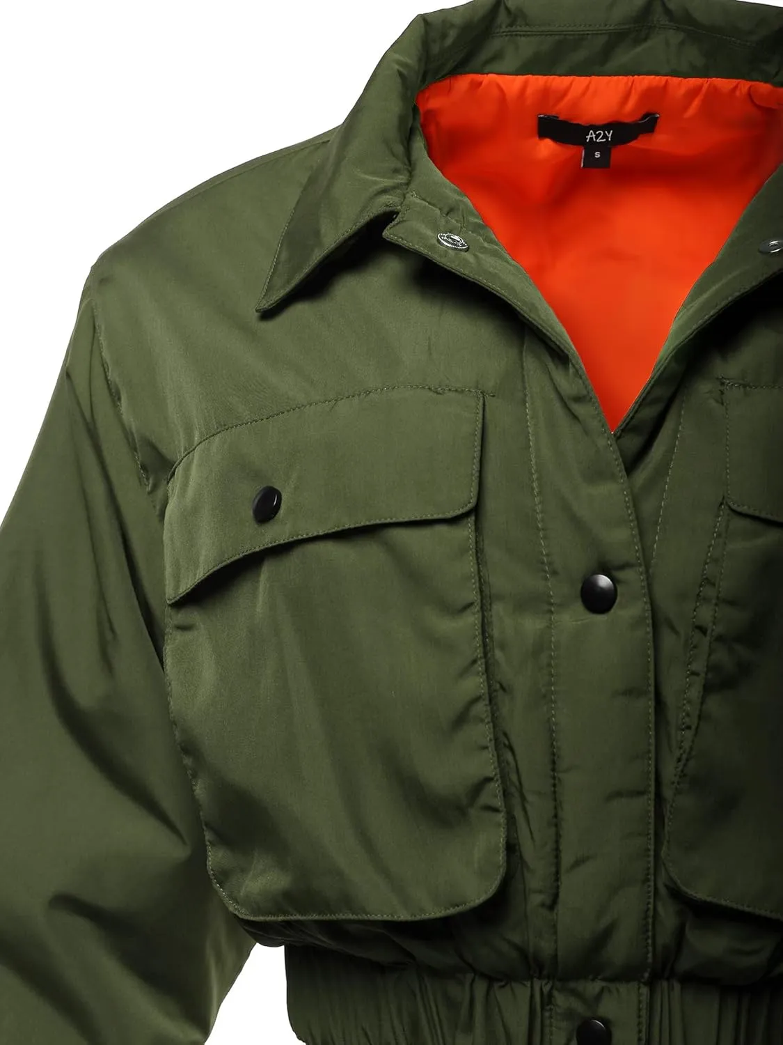 Women's Cropped Front Two Pocket Snap Quilted Padding Bomber Jacket