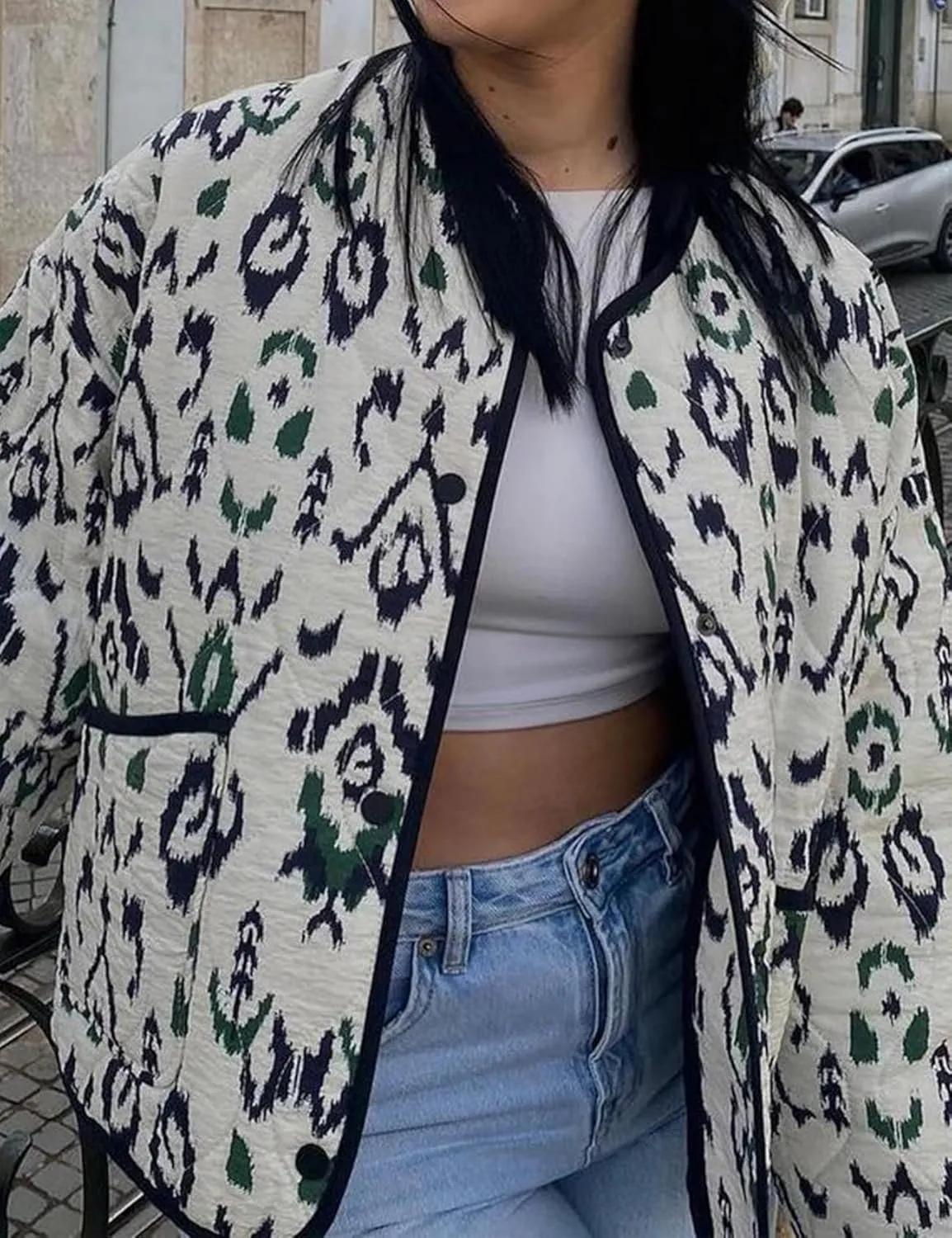 Women's Cropped Puffer Jacket Floral Print Lightweight Padded Coat Puffy Button Down Cardigan Short Outerwear