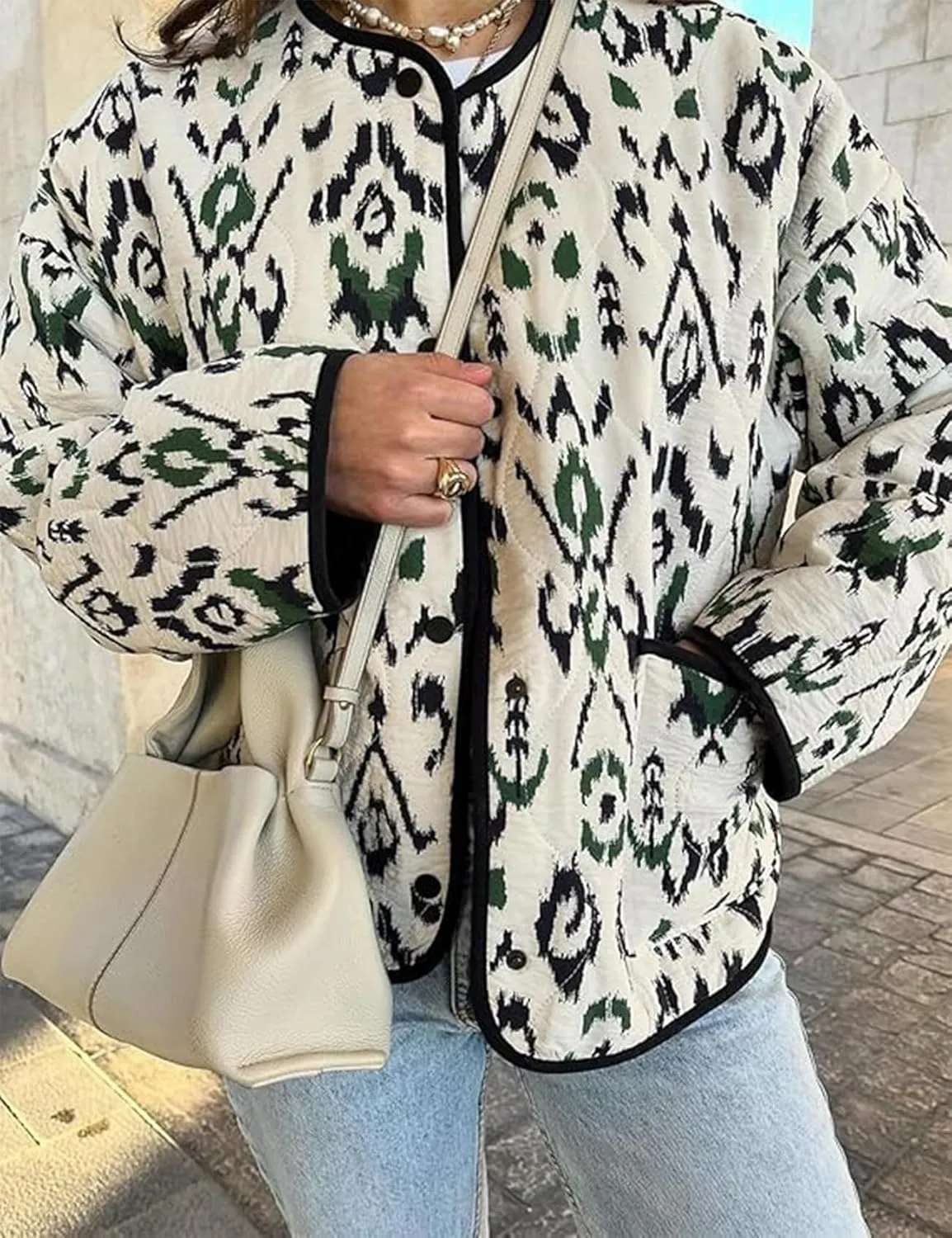 Women's Cropped Puffer Jacket Floral Print Lightweight Padded Coat Puffy Button Down Cardigan Short Outerwear