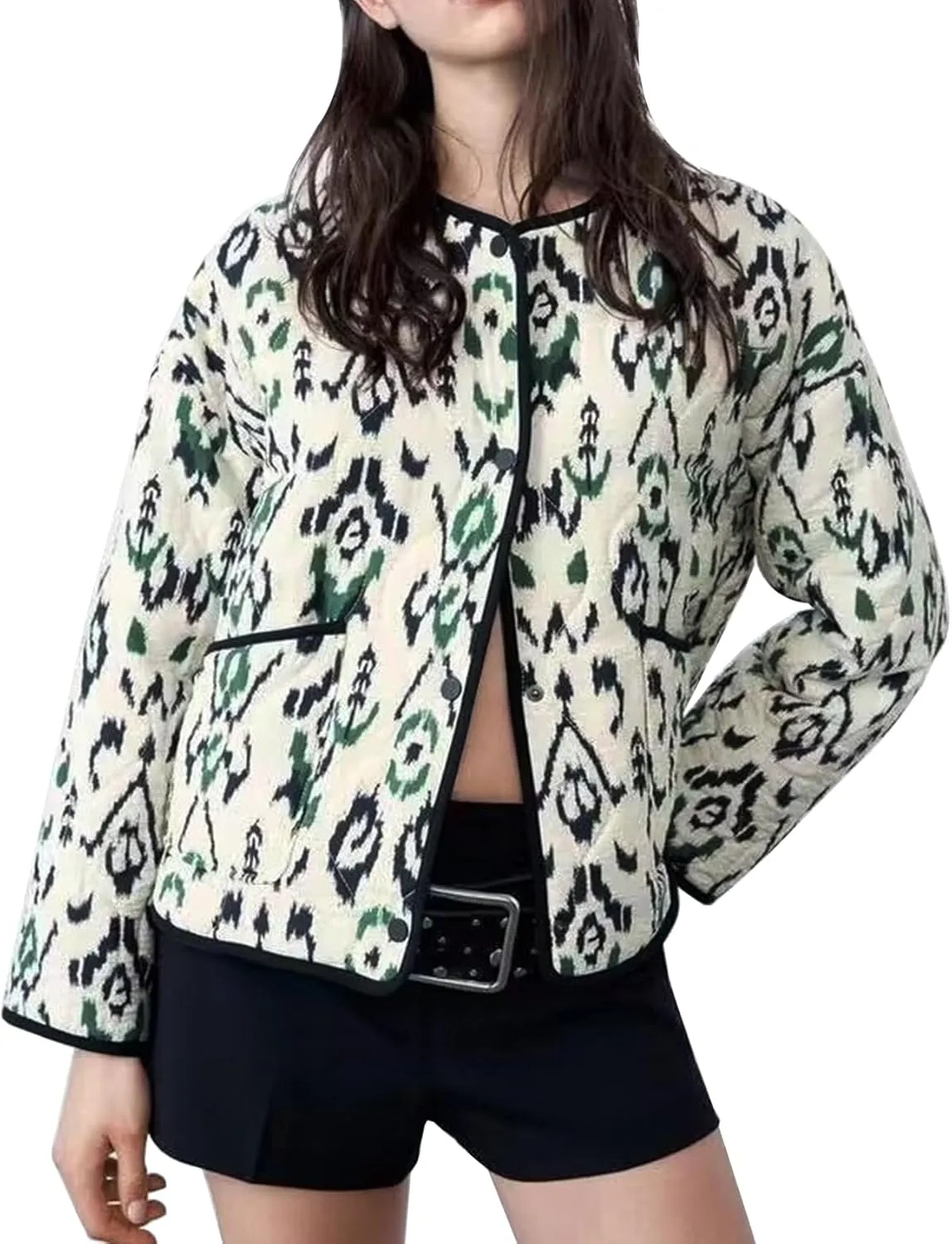 Women's Cropped Puffer Jacket Floral Print Lightweight Padded Coat Puffy Button Down Cardigan Short Outerwear