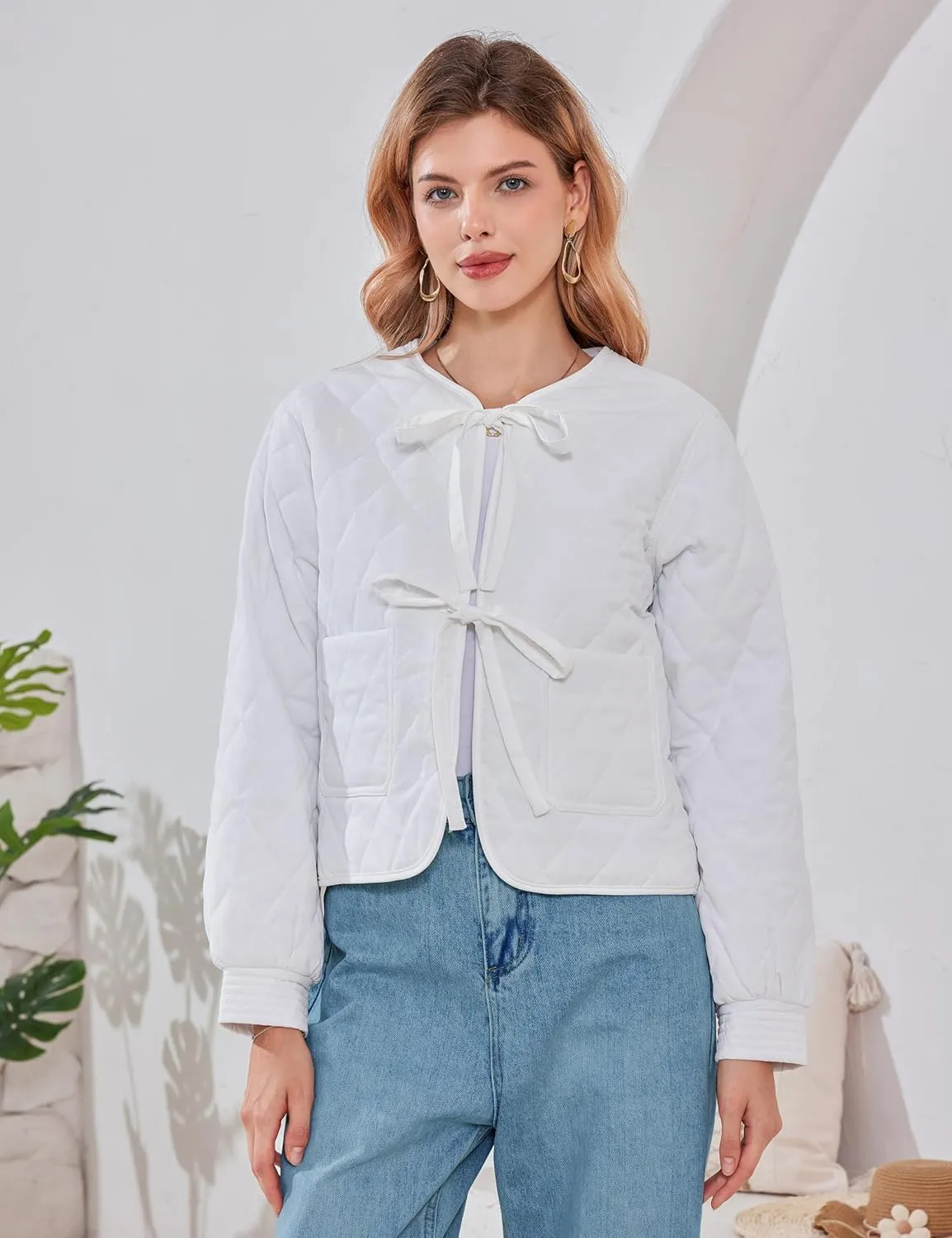 Women's Cropped Quilted Jacket Tie Front Lightweight Padded Puffer Cardigan Coat Outwear