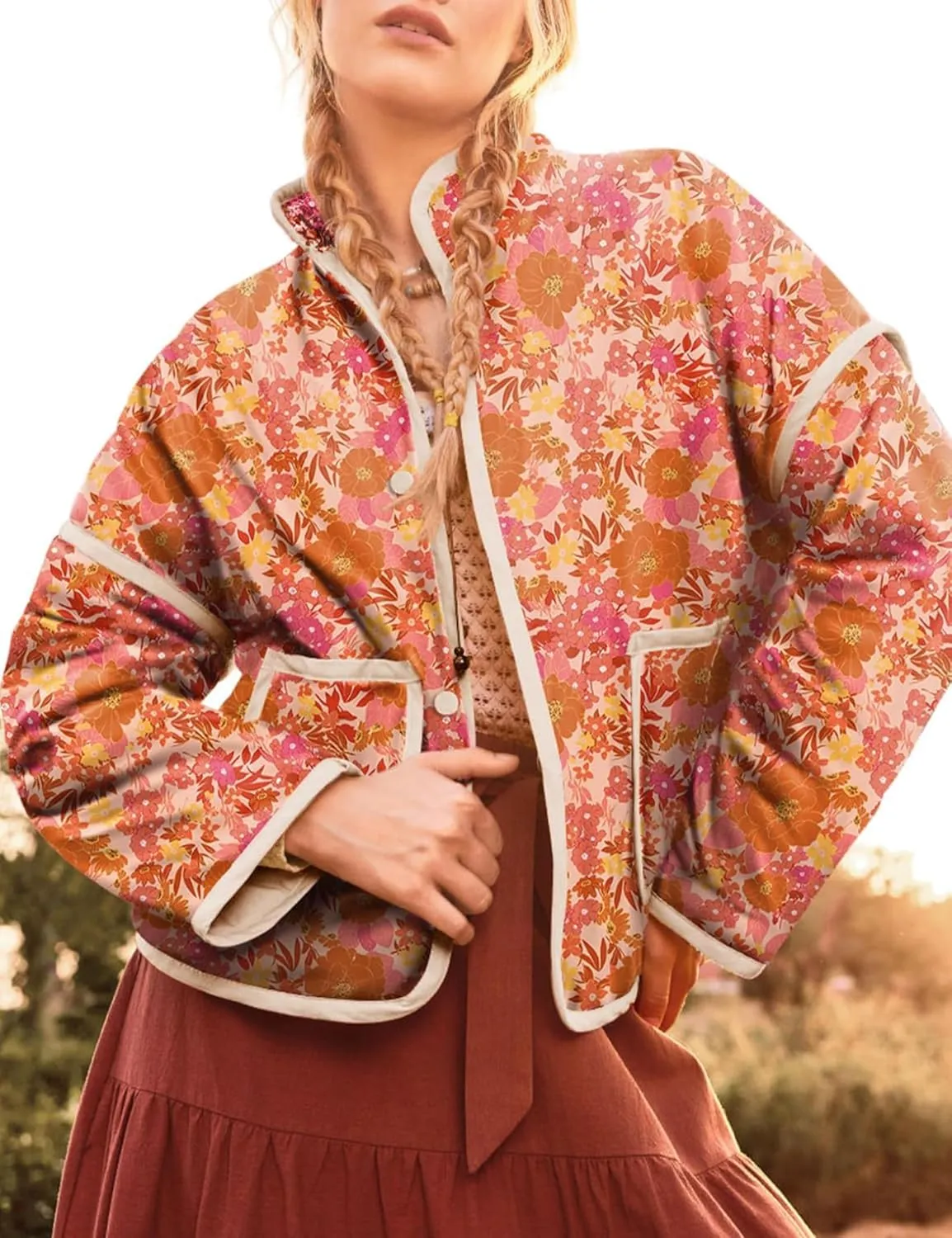 Womens Floral Quilted Jackets Lightweight Cropped Button Down Padded Puffer Jacket Winter Warm Coats