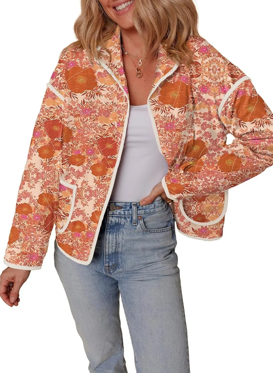 Womens Floral Quilted Jackets Lightweight Cropped Button Down Padded Puffer Jacket Winter Warm Coats