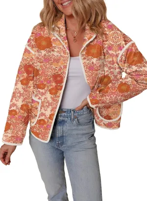Womens Floral Quilted Jackets Lightweight Cropped Button Down Padded Puffer Jacket Winter Warm Coats