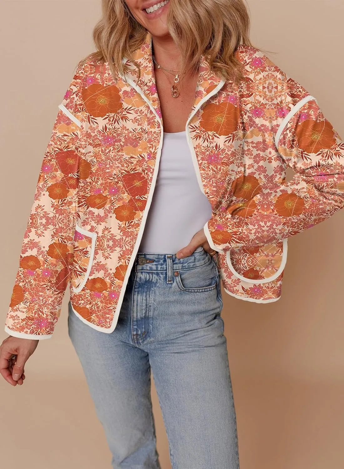 Womens Floral Quilted Jackets Lightweight Cropped Button Down Padded Puffer Jacket Winter Warm Coats