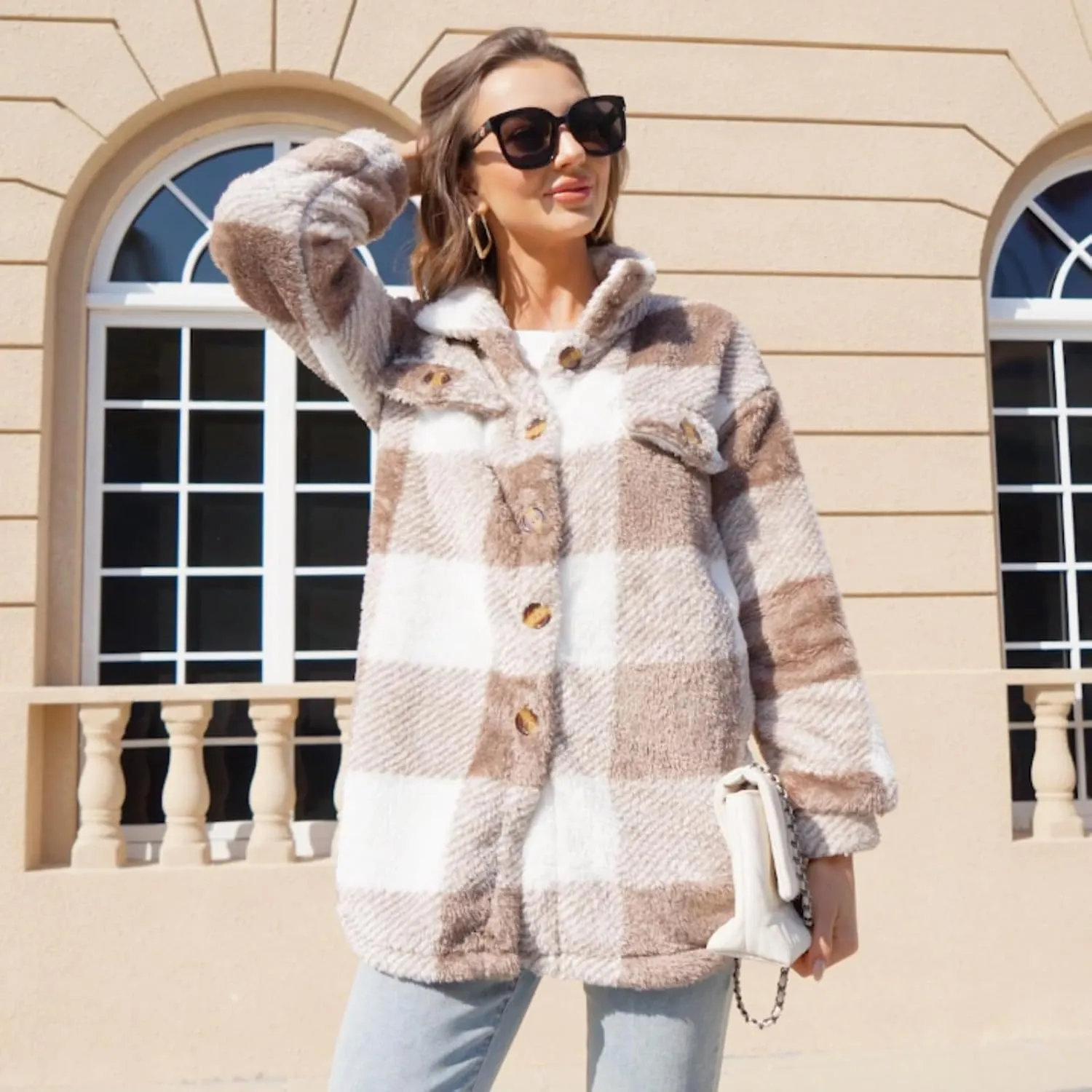 Womens Fuzzy Fleece Plaid Shacket Jacket Buffalo Plaid Flannel Sherpa Puffer Coat Button Down Sherpa Shacket