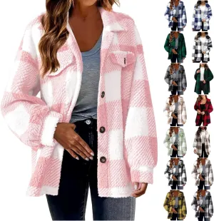 Womens Fuzzy Fleece Plaid Shacket Jacket Buffalo Plaid Flannel Sherpa Puffer Coat Button Down Sherpa Shacket