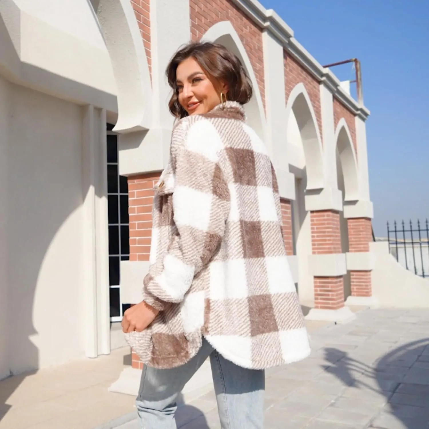 Womens Fuzzy Fleece Plaid Shacket Jacket Buffalo Plaid Flannel Sherpa Puffer Coat Button Down Sherpa Shacket