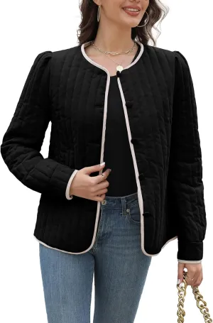Women's Quilted Puffer Jackets Long Sleeve Button Down Outfits Cropped Lightweight Winter Coats