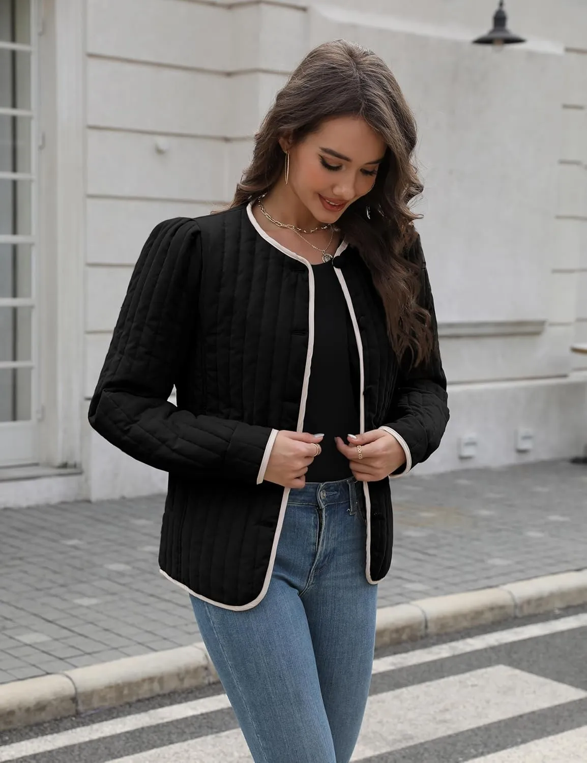 Women's Quilted Puffer Jackets Long Sleeve Button Down Outfits Cropped Lightweight Winter Coats