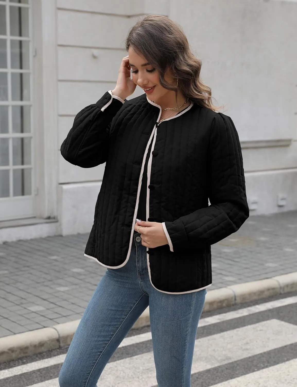 Women's Quilted Puffer Jackets Long Sleeve Button Down Outfits Cropped Lightweight Winter Coats