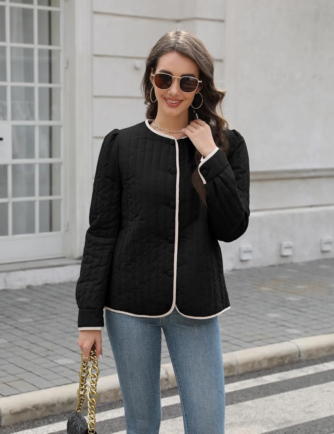 Women's Quilted Puffer Jackets Long Sleeve Button Down Outfits Cropped Lightweight Winter Coats