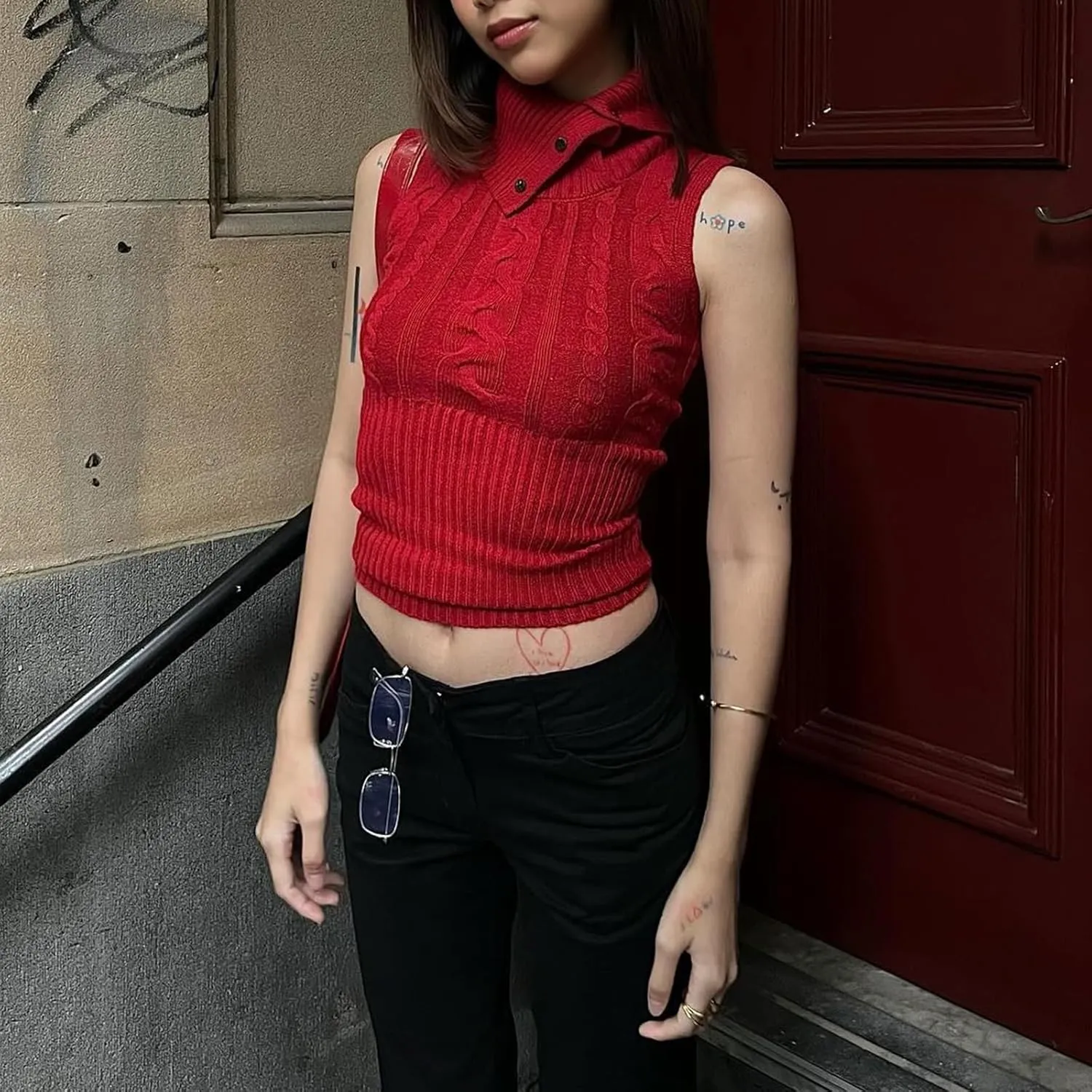 Women's Turtleneck Sweater Vest Sleeveless Cable Knit Tank Tops Tight Fitted Crop Tops Ribbed Hem