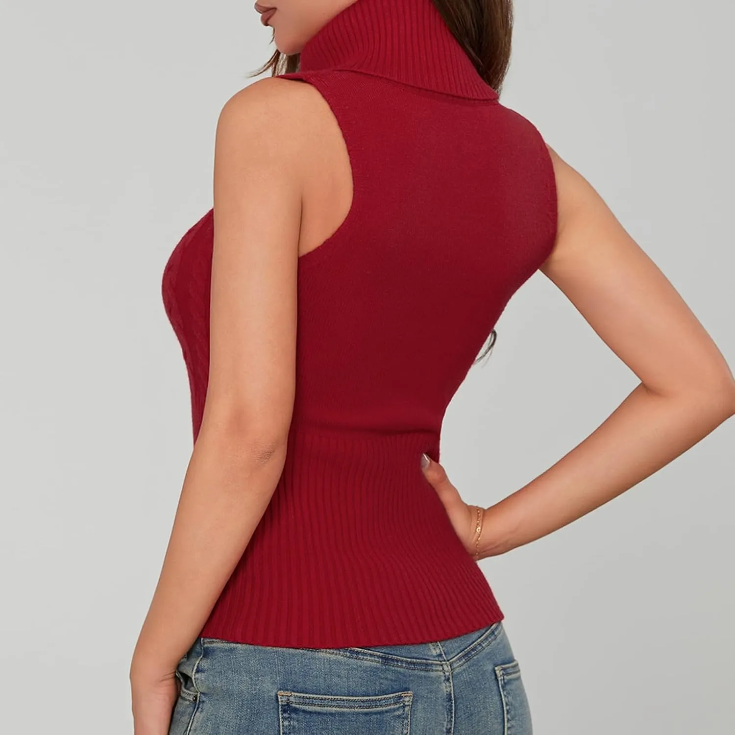 Women's Turtleneck Sweater Vest Sleeveless Cable Knit Tank Tops Tight Fitted Crop Tops Ribbed Hem