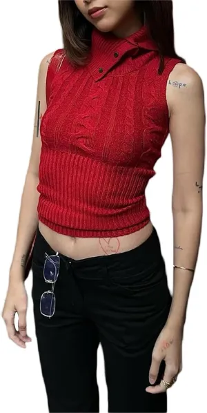 Women's Turtleneck Sweater Vest Sleeveless Cable Knit Tank Tops Tight Fitted Crop Tops Ribbed Hem