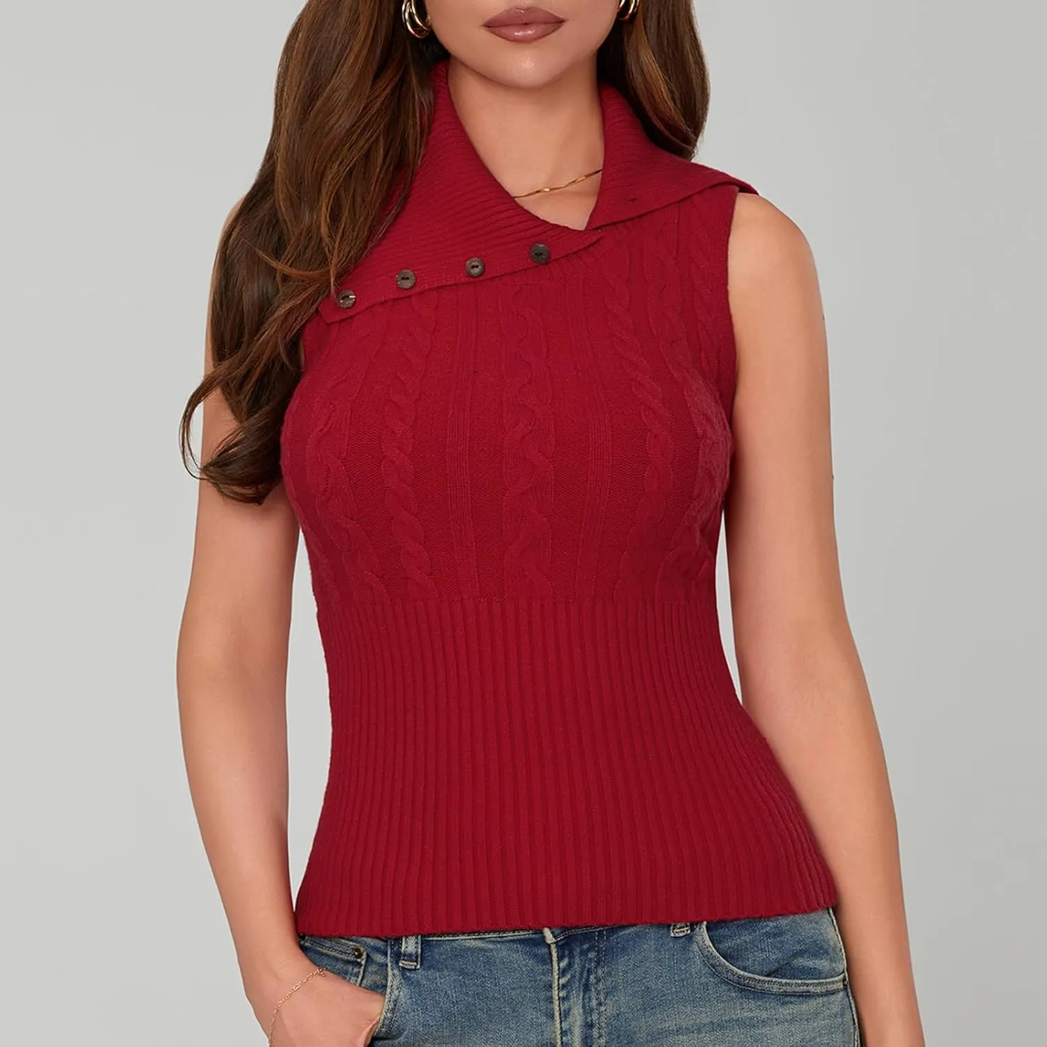 Women's Turtleneck Sweater Vest Sleeveless Cable Knit Tank Tops Tight Fitted Crop Tops Ribbed Hem