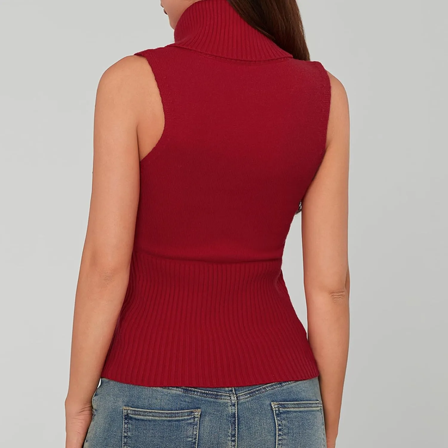 Women's Turtleneck Sweater Vest Sleeveless Cable Knit Tank Tops Tight Fitted Crop Tops Ribbed Hem
