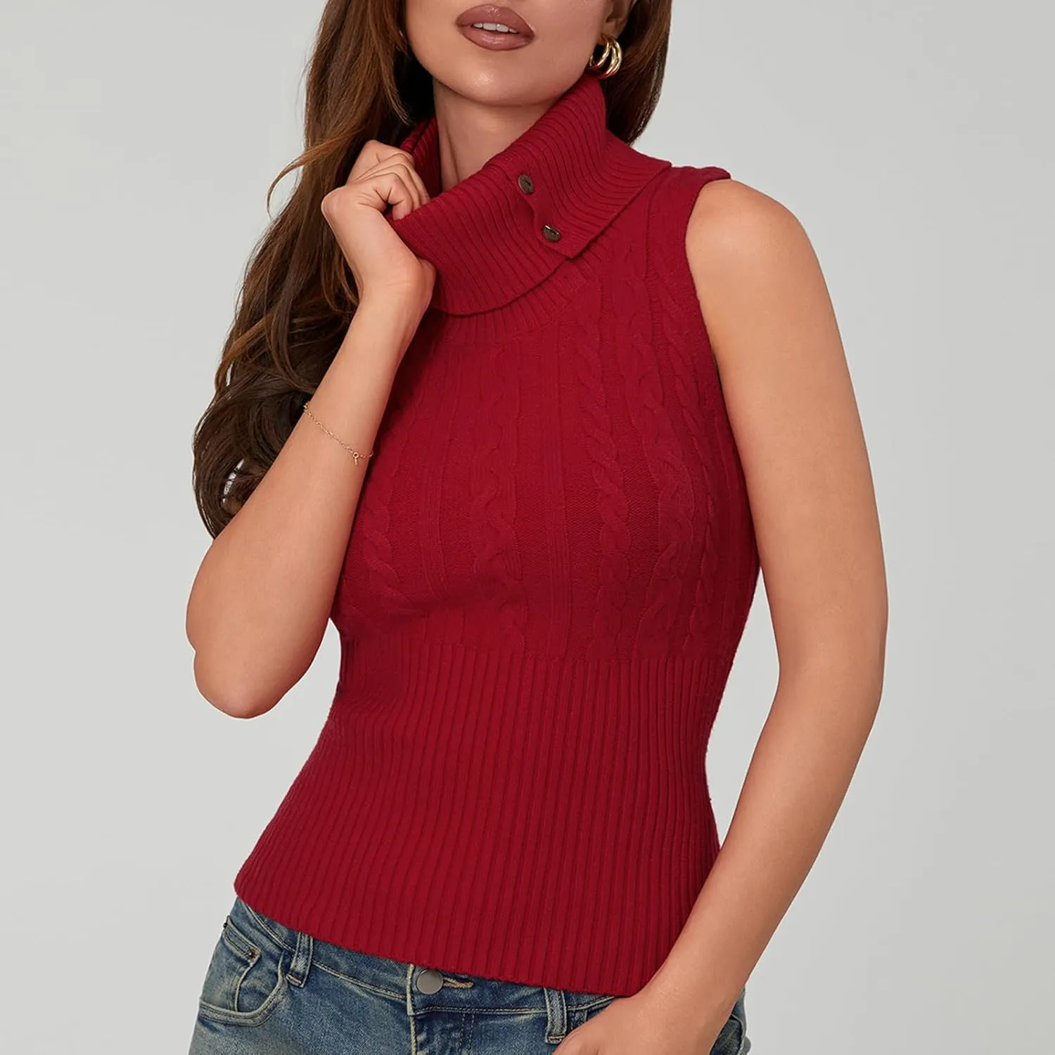 Women's Turtleneck Sweater Vest Sleeveless Cable Knit Tank Tops Tight Fitted Crop Tops Ribbed Hem