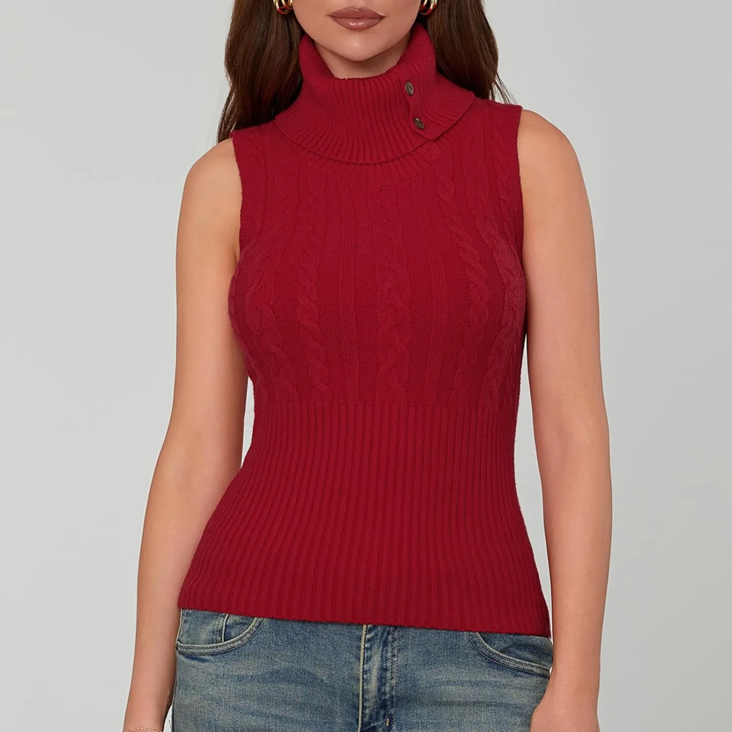 Women's Turtleneck Sweater Vest Sleeveless Cable Knit Tank Tops Tight Fitted Crop Tops Ribbed Hem